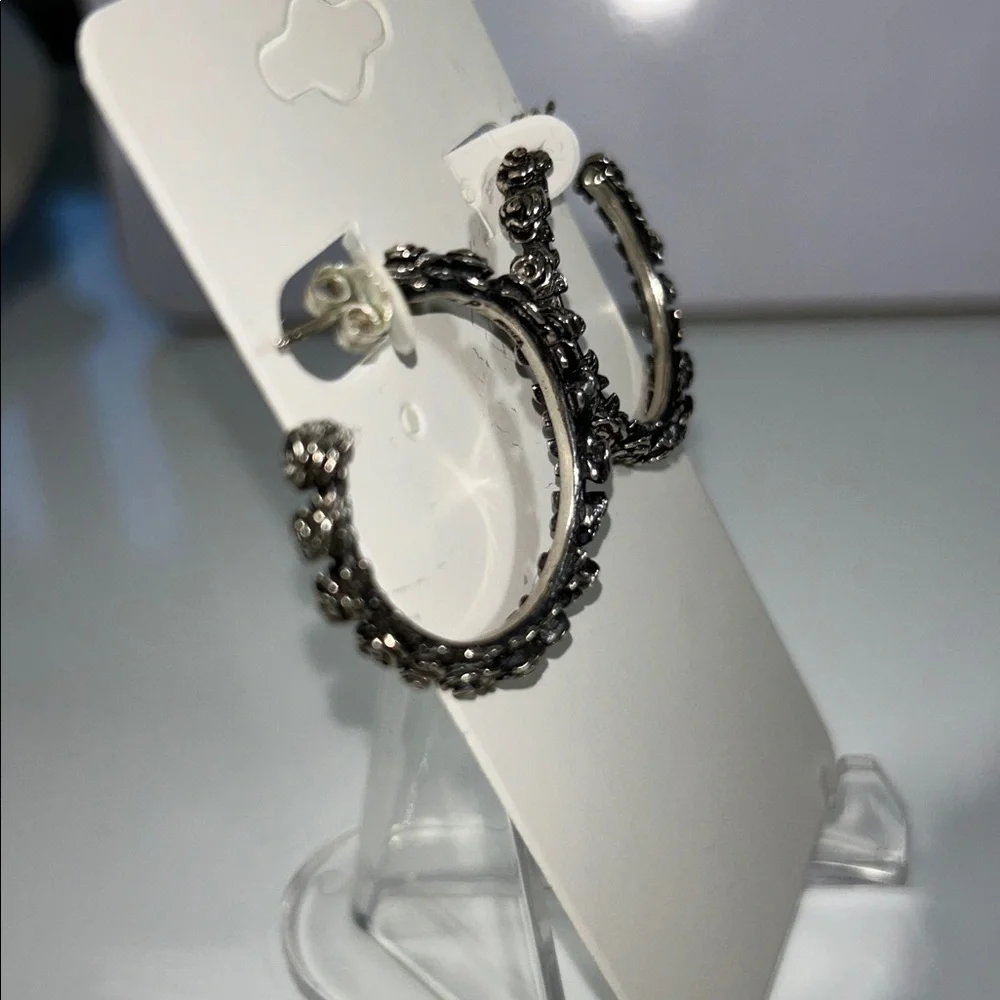 NWOT Israeli Designer Sterling Silver Rosebud Flower Hoop Earrings